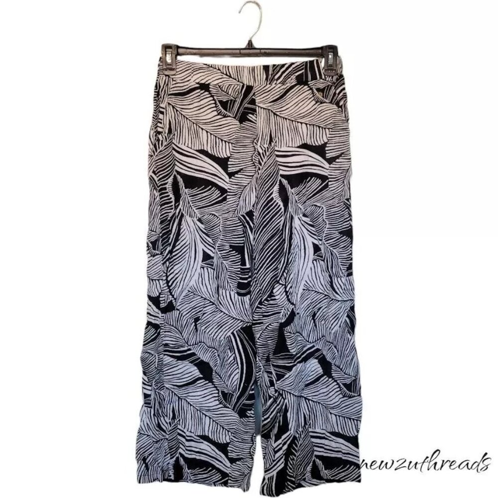 Susan Graver Soleil Gauze Wide Leg Crop Beach Flowy Pants XS Black Palm A602948